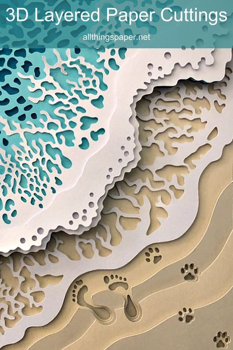 beach scene layered paper cutting with waves breaking at shore and footprints and dog pawprints in the sand Paper Cutout Effect, Woodworking Templates, Cut Paper Illustration, Arte Quilling, Papercut Art, Laser Cut Paper, Paper Art Sculpture, Cut Out Art, Paper Cutout Art