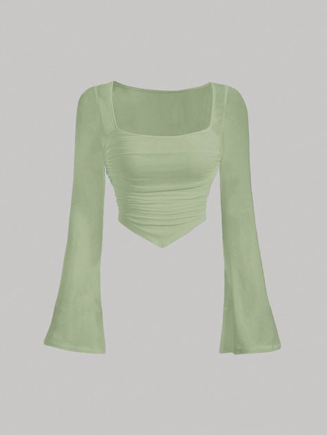 Lime Green Casual Collar Long Sleeve Knitted Fabric Plain  Embellished Slight Stretch  Women Clothing Double Lining Top, Top Verde Outfit, Light Green Clothes, Green Square Neck Top, Green Fashion Outfits, Top Verde, Fancy Shirt, China Clothes, Velvet Dress Designs