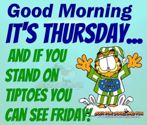 Good Morning Its Thursday We Can Almost See Friday Good Morning It's Thursday, Good Morning Thursday Images, Thursday Pictures, Thursday Images, Thursday Greetings, Garfield The Cat, Thursday Humor, Happy Thursday Quotes, It's Thursday