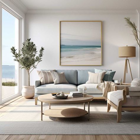 21+ Modern Coastal Living Room Ideas for a Serene Home Retreat • 333+ Images • [ArtFacade] Modern Beach House Living Room Ideas, Pottery Barn Coastal Living Room, Costal Interior Living Room, Coastal Condo Interior Design, Coastal Abstract Painting, Modern Cottage Interior Living Room, Modern Beach Living Room, Beach Basement, California Coastal Living Room