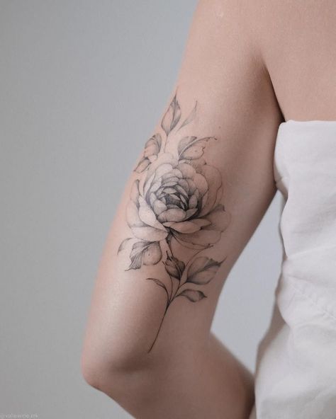 Single Rose Shoulder Tattoo, Fine Line Roses Tattoo Design, Fine Line Rose Tattoos For Women, Back Of Arm Rose Tattoo, Fine Line Rose Tattoo Design, Soft Rose Tattoo, Fine Line Roses Tattoo, Rose Tattoo On Bicep, Rose Tattoo Bicep