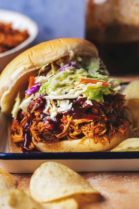 Slow Cooker BBQ Chicken - Creme De La Crumb Crock Pot Bbq Pulled Chicken, Crockpot Shredded Bbq Chicken, Bbq Chicken Bites, Bbq Chicken Dip, Crockpot Bbq Chicken, Crock Pot Bbq, Bbq Pulled Chicken Sandwiches, Bbq Pulled Chicken, Bbq Chicken Sliders