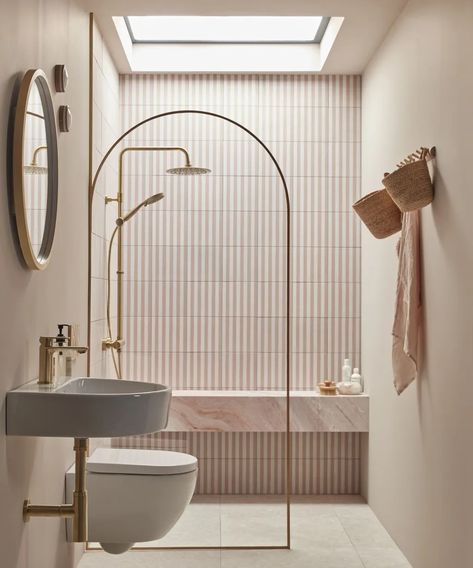 Italian Theme Bathroom, Enchanting Bathroom, Timeless Bathroom Design, Life Is Art, Striped Tile, Peach Salmon, Narrow Bathroom, Timeless Bathroom, Art Live