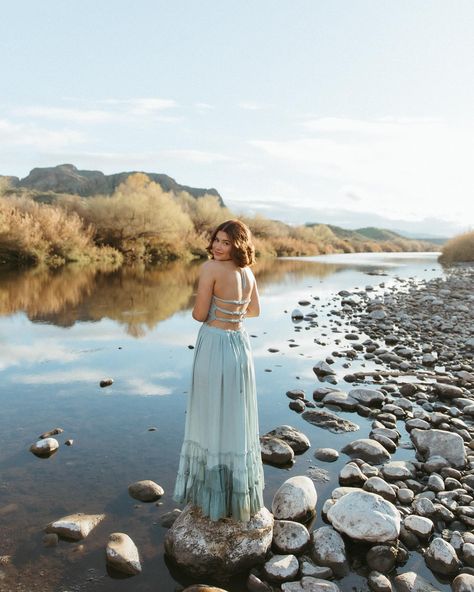 At the river with Hannah for her senior portraits 🩷 Stool In Water Photoshoot, Photoshoot In River, River Photoshoot Ideas, River Senior Pictures, River Shoot, Creek Photoshoot, Senior Era, River Photoshoot, Lake Portrait