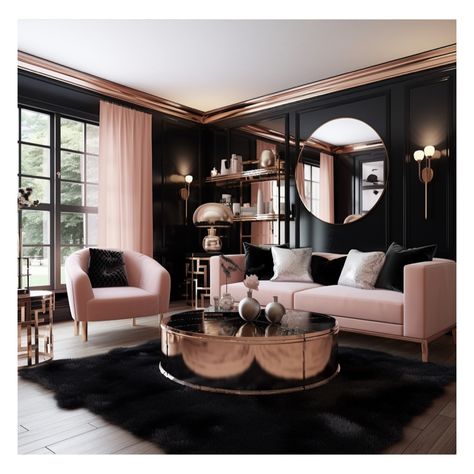 Womens Lounge Room Ideas, Black Lounge Ideas, Pink Black And Gold Living Room, Pink Black And White Office, Black And Blush Living Room, Black White And Pink Living Room, Rose Gold Living Room Ideas, Pink And Black Living Room Ideas, Black And Pink Office