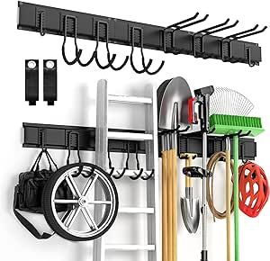 Garage Tool Organizer Wall Mount 13 PCS, Yard Garden Tool Organizer, Adjustable Tool Storage Rack with 8 Heavy Duty Hooks, Max Load 500lbs Garage Organization Garage Utility Room, Garden Tool Organizer, Garage Utility, Garage Organizer, Garage Hooks, Garden Workshop, Garage Tool Organization, Garden Tool Organization, Tool Holders