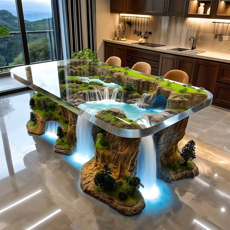 Crafted Cascades: Transforming Your Kitchen with Gorgeous Epoxy-Wood Waterfall Tables - ArtistryApex.com Waterfall Interior Design, Waterfall Interior, Wood Waterfall, Island Waterfall, In Tables, Wooden Dining Table Designs, Garden Wall Designs, Yacht Interior Design, Fantasy Furniture