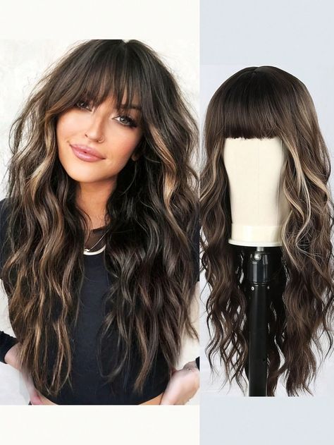 Dark Brown  Collar  High Temperature Fiber  Bangs Wig Embellished   Wigs & Accs Future Hairstyles, Cute Bangs, Long Wavy Wig, Bangs Wig, Medium Curls, Wavy Wig, Brown Highlights, Brown Wig, Long Wigs