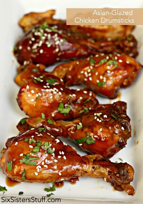 Healthy Asian-Glazed Chicken Drumsticks | Six Sisters' Stuff Glazed Chicken Drumsticks, Asian Glazed Chicken, Baked Chicken Drumsticks, Chicken Drumstick, Chicken Leg Recipes, Healthy Asian, Chicken Drumstick Recipes, Drumstick Recipes, Glazed Chicken