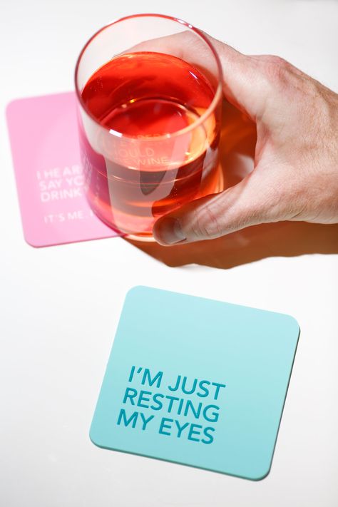 Yeah…that’s what they all say. Say goodbye to table ring stains with this colorful silicone coaster. Thick, durable, reusable, soft pvc coaster 4"x4" 1/8 inch thick Sea foam with teal text Coaster text: I'M JUST RESTING MY EYES Merch Ideas Products, Coaster Photography, Branded Merch, Silicone Coasters, Food Branding, Square Coasters, Printed Coasters, Fancy Gifts, Coaster Design