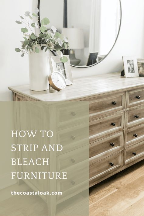 How to strip and bleach furniture to obtain a raw wood finish. This tutorial uses Citristrip and bleach to refinish dark pottery barn furniture into a natural wood finish. #refinishingfurniture #refinishedfurniture #citristrip #naturalfinish #rawwood #bleachingfurniture #strippingfurniture #potterybarn #potterybarndresser #hudsondresser #naturalwood #naturalfurniture #driftwoodfinish Oak Bedroom Furniture Makeover, Bleach Furniture, Dark Pottery, Bleaching Furniture, Raw Wood Furniture, Coastal Oak, Pottery Barn Furniture, Stripping Furniture, Oak Bedroom Furniture