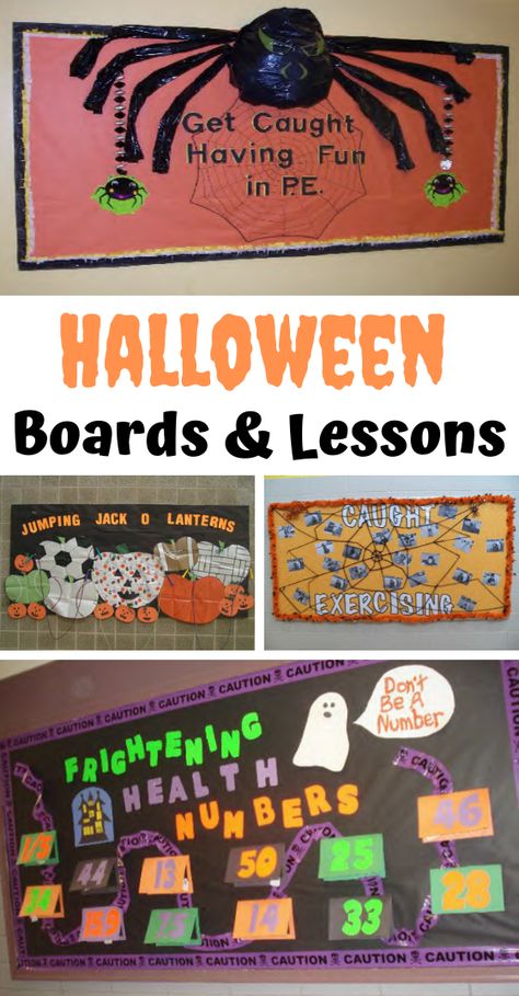 Halloween is a great time of year to introduce some fun lessons, excite and motivate students to stay active, share facts about the body and health related information, and display all of the important elements of your PE program! We’ve shared a few Halloween themed ideas below from our PE Halloween Guide, where you can find over 100 bulletin board ideas and lesson plans. Halloween Pe Bulletin Boards, Fall Pe Bulletin Boards, Pe Decorations, Pe Bulletin Boards Elementary, Halloween Bulletin Board Ideas, Pe Classroom, Physical Education Bulletin Boards, Pe Bulletin Boards, Gcse Pe