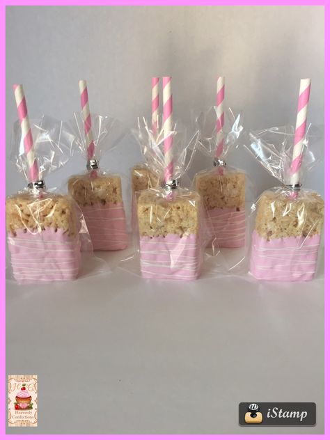 Pink dipped rice krispy treats. Rice Krispie Treats For Wedding, Small Pink Birthday Party, Rice Krispie Treats Favors, Pink Birthday Treat Ideas, Barbie Rice Krispie Treats, Pink Covered Rice Krispie Treats, Hello Kitty Rice Crispy Treats, Pink Rice Crispy Treats, Diy Rice Krispie Treats