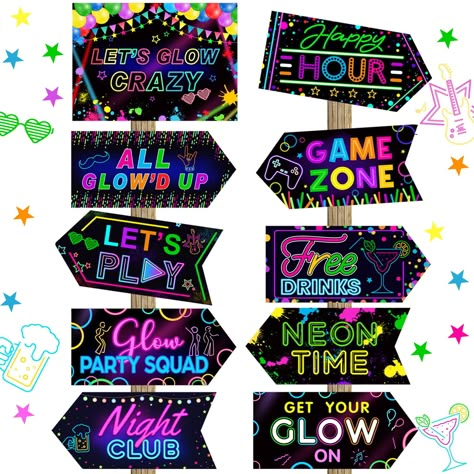 PRICES MAY VARY. Paper Includes 20 neon signs in 10 fun styles for versatile decorative needs at glow parties Made of lightweight, odorless paper with bright, vibrant neon prints using high definition printing technology Simple to use - just tape up with provided tape for quick and easy decorating Perfect for glow parties, neon themed parties, birthdays, carnivals, dance parties and more Sizes vary from 11 x 7.87 in to 11 x 5.12 in; refer to product for exact dimensions  Features:    Cool and fu Glow Party Entrance, Neon Disco Party Ideas, Glow Party Birthday Ideas, Glow Theme Party Decoration, Neon Decorations Party, Neon Theme Party Decorations, Neon Birthday Party Decorations, Glow Up Party, Neon Themed Party