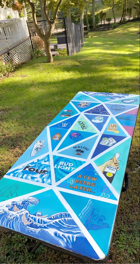 beer pong Blue Beer Pong Table Painted, Blue Pong Table Painted, Ping Pong Table Painted Design, Beer Dye Table Ideas, Beer Pong Table Painted Ideas, Diy Beer Pong Table Designs, Diy Beer Pong Table Paint Ideas, Cup Pong Tables Painted, Pong Table Designs