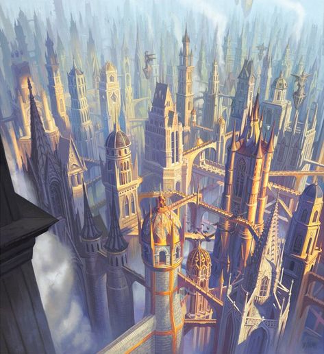 Eberron Sharn, Dungeon Punk, Clockwork City, Civilization Art, Mystic Places, Scene Inspiration, Art Scenery, City Ideas, Dnd Stories