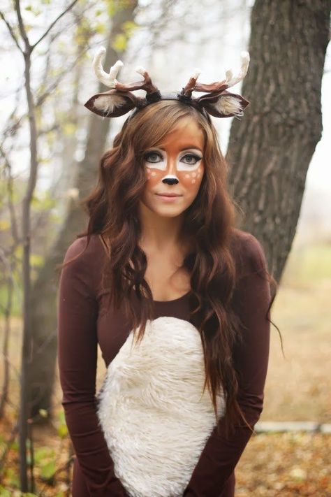 Check out these 30 handmade Halloween costume Ideas, and keep it handy for some last minute ideas! upcycledtreasures.com Diy Reindeer Costume, Diy Deer Costume, Deer Halloween Costumes, Diy Reindeer, Halloween Makeup Tutorial Easy, Deer Outfit, Handmade Halloween Costumes, Reindeer Costume, Animal Makeup