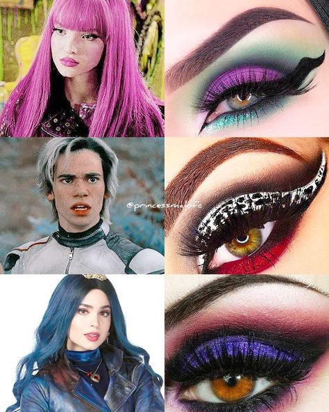 Descendants Mal Makeup, Descendants Makeup Ideas, Mal Makeup Descendants, Mal And Evie Descendants, Descendants Makeup, Polish Hairstyles, Mals Spell Book, Disney Eye, Disney Eye Makeup