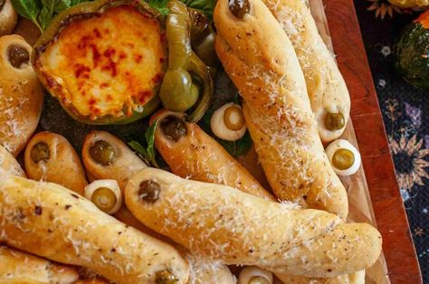 Witch Finger Breadsticks for Halloween Witch Finger Breadsticks, Finger Breadsticks, Soft French Bread, Parmesan Pizza, Witches Fingers, Pastry Brushes, Green Olives, Breadsticks, French Bread