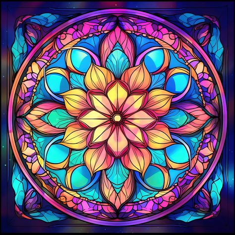 Diamond Painting-5D Full Round Drill Stained Glass Mandala Sacred Geometry Art Mandalas, Stained Glass Mandala, Stained Glass Kits, Diamond Canvas, Black Light Posters, Space Living Room, Circular Frame, Glass Window Art, Stained Glass Designs