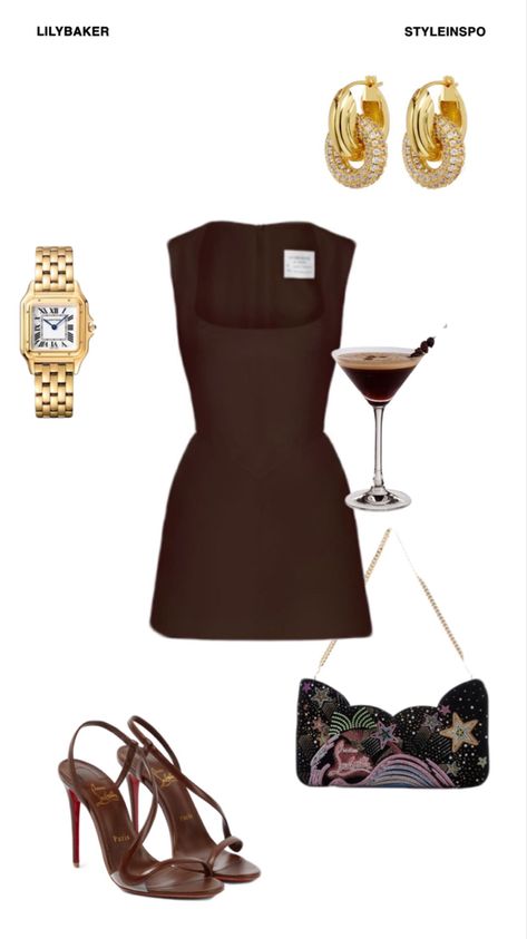 fashion, brown dress, brown heels, christian louboutin heels, christian louboutin bag, red bottoms, cartier watch, espresso martini, gold jewelry, date outfit, outfit inspo, sex and the city Date Night Outfit Ideas, Night Outfit Ideas, Fest Outfits, Brown Heels, Dinner Outfits, Mode Inspo, Fancy Outfits, Mode Inspiration, Lookbook Outfits