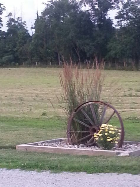 Landscaping Farmhouse, Landscaping Driveway, Clouds Lightning, Driveway Entrance Landscaping, Farm Entrance, Country Fences, Wagon Wheels, Driveway Entrance, Driveway Landscaping