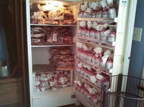 We had a small steer butchered, and came out with 400 pounds of beef!  It left a small space in the freeezer, just enough for some chicken and pork.  Only problem is that I keep running out of bread, as I can't keep an extra loaf in the freezer... Meat Freezer Organization, Homestead Pantry, Stocked Pantry, Cow Meat, Freezer Organization, Raw Meat, Frugal Family, Beef Cuts, Mouth Watering Food