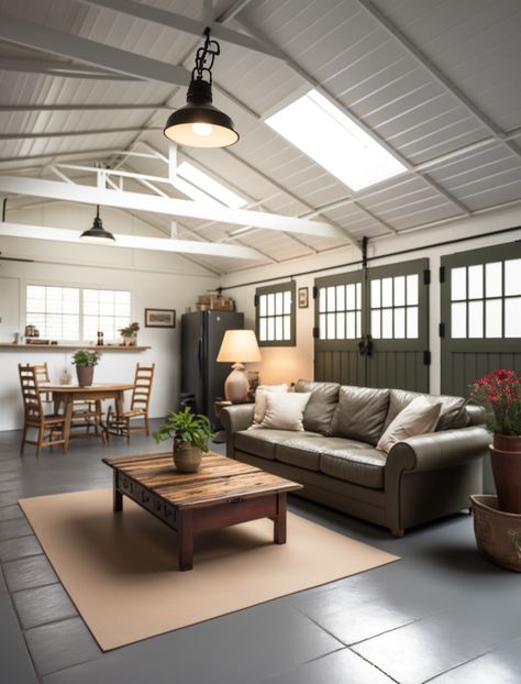 Using Garage As Living Space, Garage Made Into Family Room, Converted Detached Garage, Living Space In Garage, Garage Turned Playroom, Garage Conversion Living Room, Living Room With Garage Door, Remodeled Garages Living Spaces, Detached Garage Interior Ideas