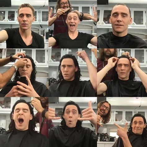 Behind the scenes pictures of Tom Hiddleston becoming Loki for Avengers Infinity War part 1 | If you notice closely you can see the transformation from Tom Hiddleston to Loki Univers Dc, Thomas William Hiddleston, Sweet Shirt, Avengers Memes, Marvel Actors, Avengers Infinity, Loki Marvel, Loki Thor, Loki Laufeyson