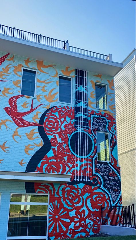 Guitar Mural, Music Mural, Music Mural Ideas, Guitar Wall Painting, Music Room Mural Wall Art, Music Murals Ideas Wall Art, Street Art Music Graffiti, Music Room Art, Nashville Murals