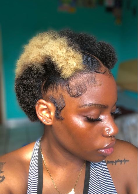 Afro Skunk Stripe, Blonde Skunk Stripe 4c Hair, Skunk Stripe Short Hair, Skunk Strip, Natural Haircut Styles, Big Chop Natural Hair, Short Afro Hairstyles, Short Natural Curly Hair, Skunk Stripe