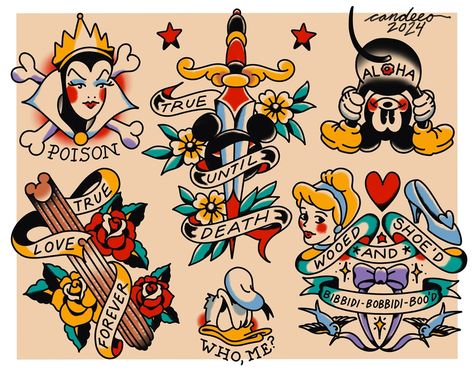 Sailor Jerry x Disney tattoo flash a made for @traditionscollection Magical World of Tattooing: Part 2! Keep your 👀 open for this rad book! Also, all designs available to be tattooed…so message me! 🫶🏻 ⭐️High quality giclee prints available ⭐️*NEW* Instantly download flash & linework for digital reference or print at home 👇🏽 Both links to these in my Linktree in BIO #disney #disneytattoos #sailorjerry #tattooflash #traditionaltattoos #disneyland #ladytattooer Old School Disney Tattoo, Traditional Tattoo Disney, Traditional Tattoos Drawing, Retro Disney Tattoo, Disney American Traditional Tattoo, Traditional Style Disney Tattoo, Disney Traditional Tattoo, Traditional Disney Tattoo, Disney World Tattoo