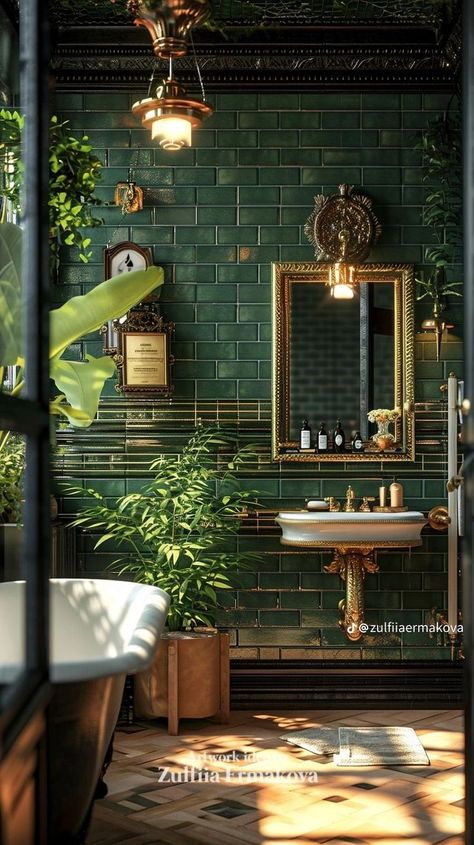 Kota Stone Bathroom Design, Black Gold And Green Bathroom, Dark Tile Bathroom Ideas, Dark Romantic Bathroom, Green And Brown Bathroom Ideas, Green And Brass Bathroom, Bottle Green Bathroom, Dark Green And White Bathroom, Dark Green Tile Bathroom