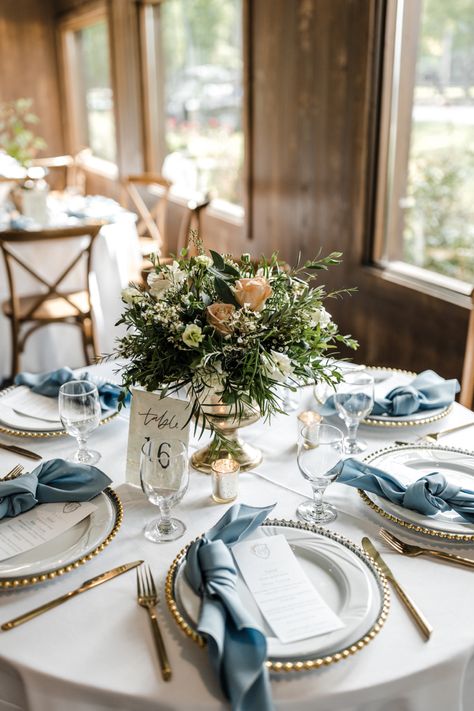 Dusty Blue Table Arrangements, Dusty Blue And Moss Green Wedding, Slate Blue Wedding Table Decor, Dusty Blue Plate Setting, Shades Of Blue Table Setting, Dusty Blue Table Cloth Wedding, Napkin Arrangement For Wedding, Dusty Blue And Gold Wedding Table, Dusty Blue Simple Centerpieces