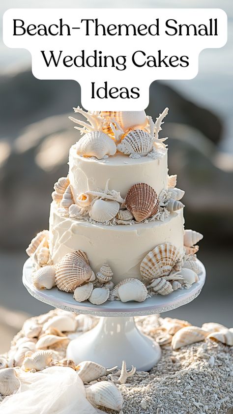 Elegant beach-themed small wedding cake decorated with seashells and ocean-inspired details, perfect for an intimate coastal celebration. Beach Wedding 2nd Marriage, Beach Wedding Cakes Ideas, Small Beach Wedding Cake, Small Beach Wedding Ideas, Beach Wedding Cake Ideas, Seaside Wedding Cake, Small Wedding Cake Ideas, Ocean Theme Cake, Ocean Themed Wedding