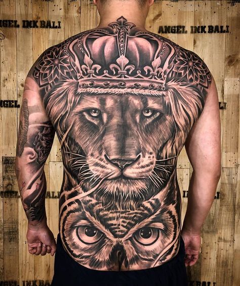 Lion Back Tattoos Men, Lion Full Back Tattoo, Back Tattoo Men Full, Full Back Tattoo For Men, Men's Back Tattoos, Full Back Tattoos For Men, Tattoo Full Back, Lion Back Tattoo, Portrait Tattoo Sleeve