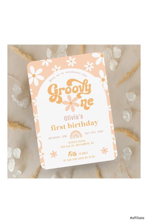 Groovy First Birthday Girl, One Groovy Girl Birthday, Groovy Invitations, Groovy Theme, Bday Themes, 11 Birthday, Groovy One, Two Groovy, Boho Arch