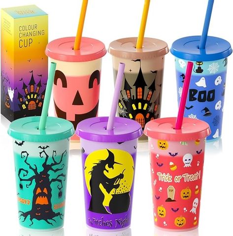 Amazon.com: OOINQQ Halloween Color Changing Cups for Kids - 6pcs 12Oz Plastic Tumbler with Lid and Straw in 6 Colors for Coffee Tea Cold Drinks Halloween Party Favors Supplies : Toys & Games Boo Basket Ideas, Halloween Birthday Party Decorations, Plastic Cup With Straw, Color Changing Cups, Reusable Plastic Cups, Halloween Color, Halloween Favors, Halloween Cups, Scary Pumpkin