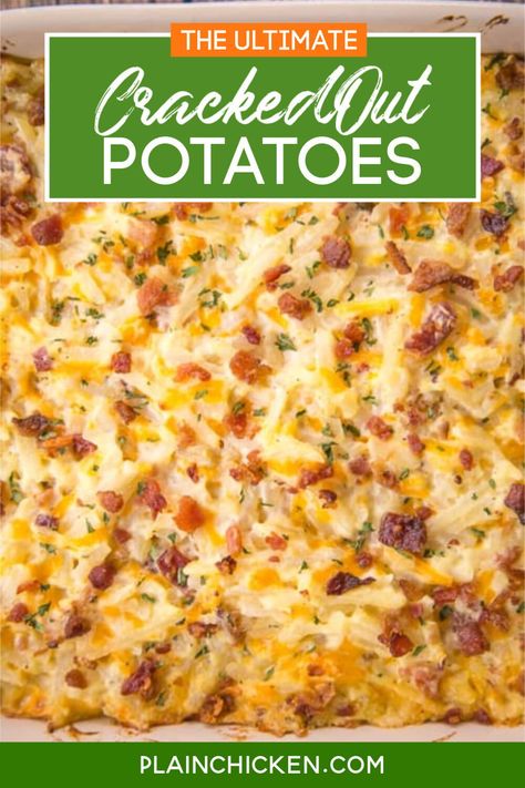 THE ULTIMATE Cracked Out Potatoes – cheddar, bacon and ranch. SO addictive!! I could make a meal out of this potato casserole!! Cheddar, bacon, ranch, cream of chicken soup. sour cream, frozen shredded hash browns. Can freeze for later. We usually bake half and freeze half for later. SO GOOD! #potatoes #casserole #freezermeal #cheddar #bacon #ranch Frozen Diced Potato Recipes Side Dishes, Creamy Diced Potatoes, Cracked Out Potatoes, Simply Potatoes Recipes, Plain Chicken Recipe, Vegetable Bake Recipes, Twice Baked Potatoes Casserole, Baked Potato Casserole, Frozen Potatoes