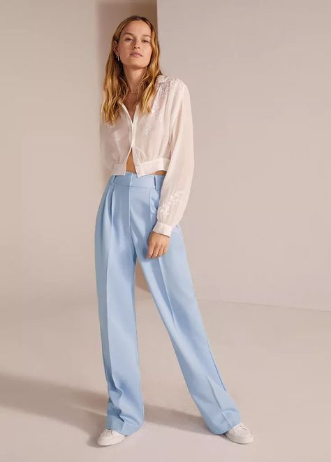 Light Blue Trousers Outfit, Blue Trousers Outfit, Light Blue Dress Pants, Light Blue Trousers, Blue Pants Outfit, Baby Blue Pants, Blue And White Outfits, Women Trousers Design, Dress Pants Outfits