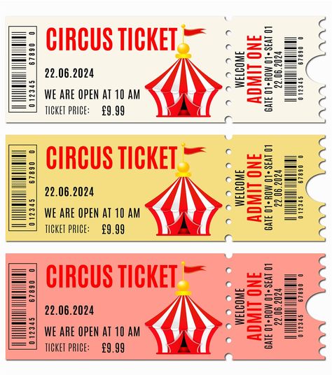 A set of three circus tickets, each with a different color schem by Tatiana Gontar on Dribbble Circus Ticket Booth, Carnaval Ideas, 11 Anniversary, Circus Tickets, Carnival Tickets, Ticket Booth, Circus Poster, Ticket Template, Artist Alley