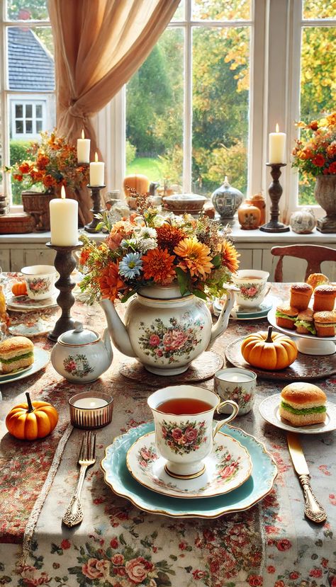 🍂 21 Stunning Fall Table Decoration Ideas That Will Transform Your Home 🍁 September Table Decorating Ideas, Fall Tea Party Decorations, Thanksgiving Tea Party, Fall Tea Party, Afternoon Tea Table Setting, Yea Party, Sunlit Room, Fall Table Decorations, Tea Party Table Settings