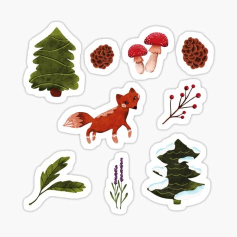 Christmas woodland sticker, scrapbooking sticker for christmas Fox Stickers Free Printable, Mushroom Stickers Printable, Christmas Mushroom, Winter Theme Stickers, Christmas Tree Sticker, Cute Stickers Mushroom, Woodland Stickers, Woodland Pattern, Christmas Woodland