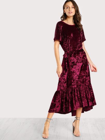 V Back Ruffle Dip Hem Crushed Velvet Dress Velvet Wedding Guest Dress, Velvet Wedding, Crushed Velvet Dress, Velvet Bridesmaid Dresses, Beautiful Casual Dresses, Velvet Fashion, Reception Ideas, Crushed Velvet, Guest Dresses