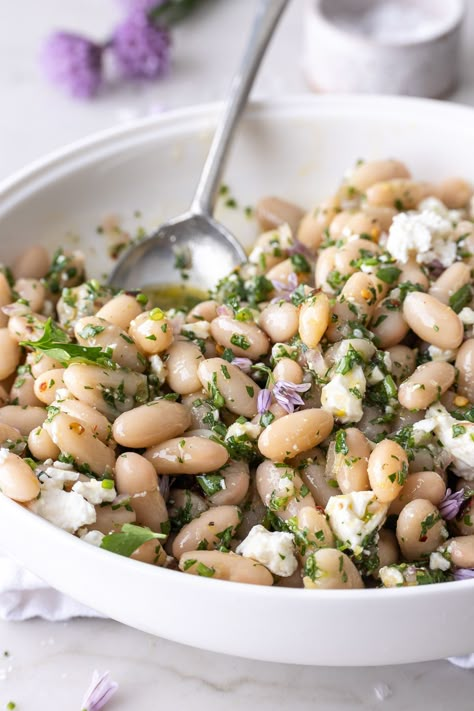 White Bean Arugula Salad, Lemon White Bean Salad, White Bean Salad Dressing, Feta Bean Salad, Sauteed White Beans, Refreshing Vegetarian Meals, Lemon Bean Salad, Dairy Free Greek Salad, Navy Bean Side Dish Recipes