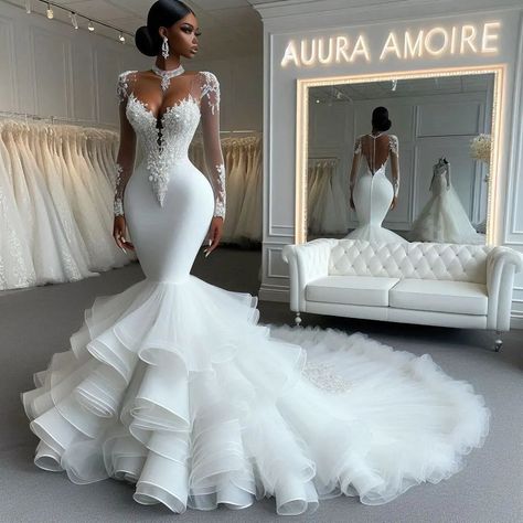 Stepping into forever in a gown fit for a queen. 🤍✨ #fashionstyle #fashioninspiration #fashiontips #fashioninspo #fashion #dress #skirt #style #tailorscatalogue #wedding #weddinggown #weddingdress #love #luxurywedding #lace #luxury #beautiful #bridetobe #bridalgown #auraamore24_ #auraamore Wedding Dress High Low Skirt, Pretty Wedding Dresses Mermaid, Reception Dress Black Women, Goddess Wedding, African Bridal Dress, Glam Wedding Dress, Crystal Wedding Dresses, Wedding Dresses High Low, Wedding Dresses Mermaid