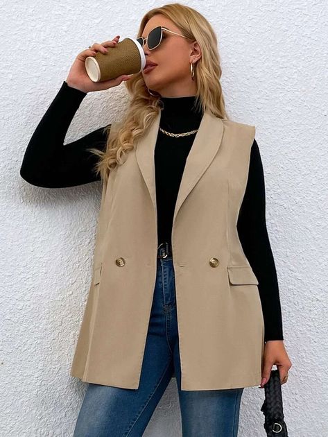 Plus Double Button Shawl Collar Blazer Vest | SHEIN USA Long Vest Outfit Fall, Blazer Vest Outfits For Women, Long Vest Outfits For Women, Woman Vest Outfit, Sleeveless Blazer Outfit, Long Vest Outfit, Plus Size Blazers, Vest Outfits For Women, Blazer Plus Size