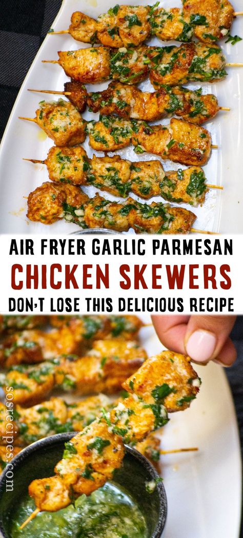 Air Fryer Garlic Parmesan Chicken Skewers via @sosrecipesofficial Air Fryer Garlic Parmesan Chicken, Garlic Parmesan Chicken Skewers, Parmesan Chicken Skewers, Air Fryer Garlic, Air Fryer Oven Recipes, Best Low Carb Recipes, Garlic Parmesan Chicken, Air Fryer Recipes Chicken, Parmesan Chicken