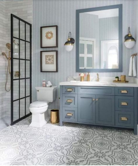 Blue Bathroom Inspiration, Coastal Blue Bathroom, Blue Master Bath, Blue Bathrooms Designs, Outdoor Living Kitchen, Cement Tile Shop, Blue Vanity, Coastal Bathrooms, Blue Cabinets