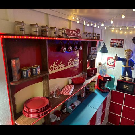 Fallout Finished Mini Diner Pics. I’ve been asked a lot for pictures since posting yesterday! My videos can go a little fast 😅 Here ya go! ❤️😂 Who’s watching the first season with me tomorrow?! They moved the release up to 6pm P.T. Tomorrow night. I’m excited! 😂🥰💙💛💙 Side note, my diner video already has 3/4 of a million views on #imgur I know a ton of my FB friends follow me on there, so thank you for that!! #FalloutonPrime #fallout #retro Fallout Interior, Fallout Kitchen, Fallout Inspired Decor, Fallout Style Room, Fallout Room Decor, P T, Fallout, Video Game, Diner